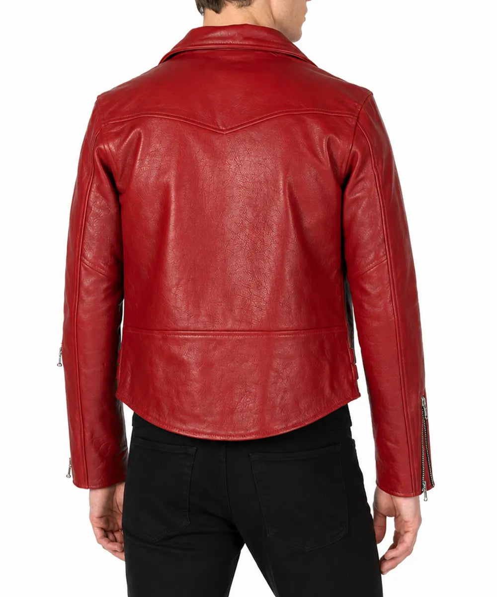 A man wearing a red leather biker jacket, shown from the back against a plain white background.
