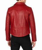 A man wearing a red leather biker jacket, shown from the back against a plain white background.