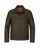 A dark brown leather jacket with a classic collar, button-up front, and two buttoned chest pockets, shown against a plain white background.