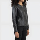 Women's Black Collarless Leather Jacket