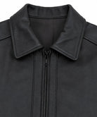 Close-up of a black leather jacket with a wide collar and a front zipper, shown against a plain white background.