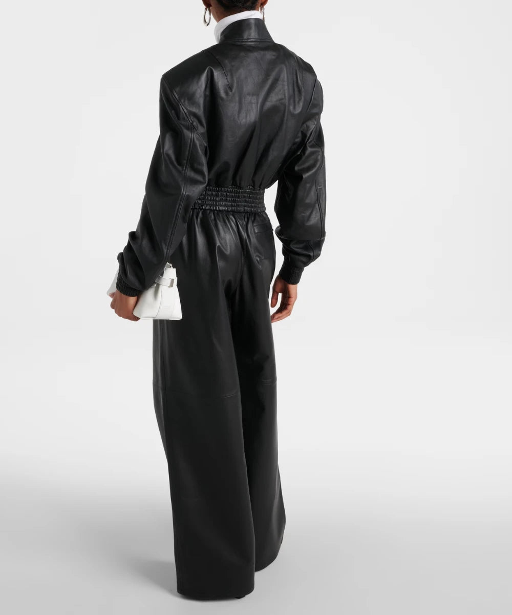 Women's Cropped Leather Bomber Jacket - Black Classic