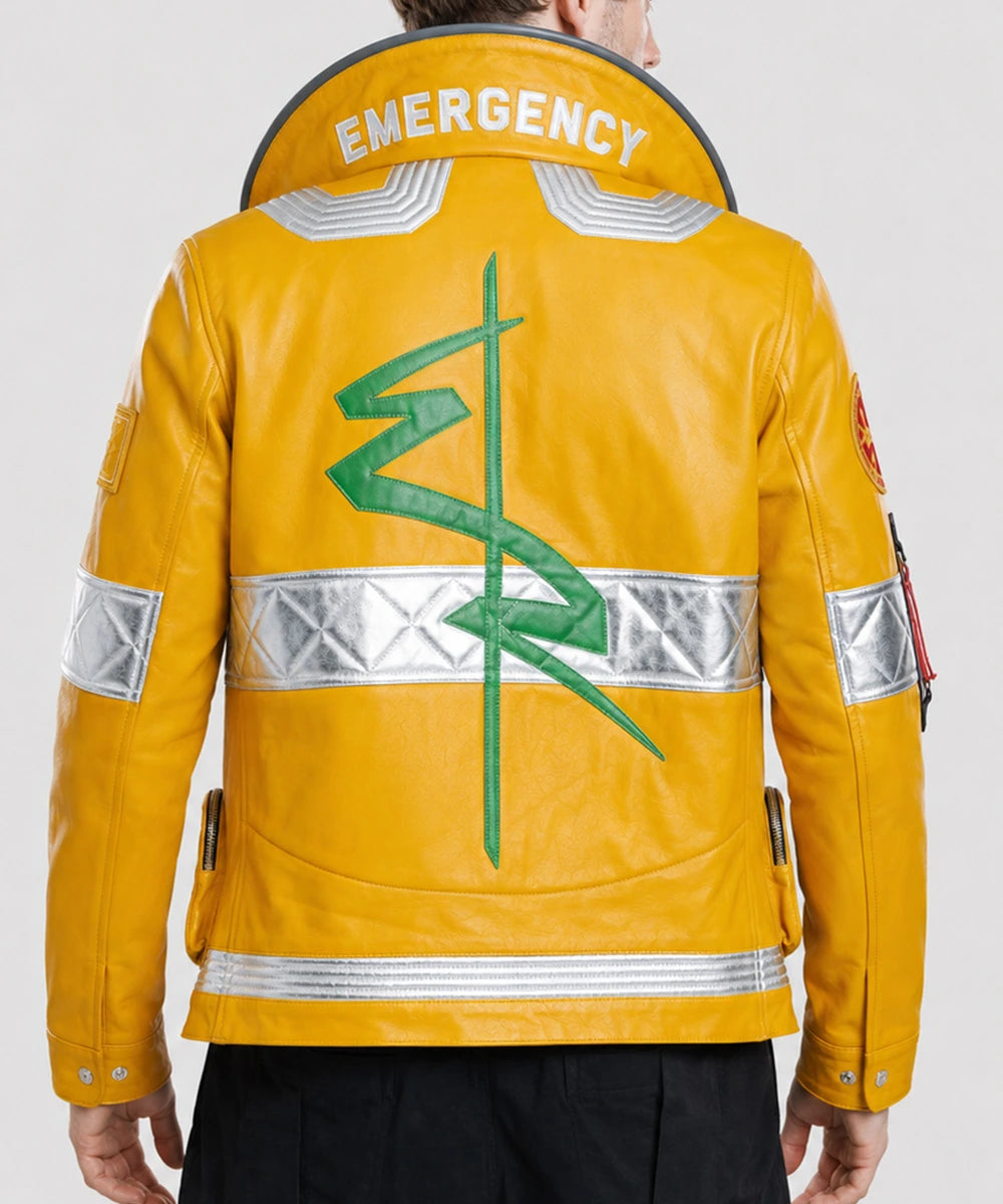Back view of the Cyberpunk Edgerunners David Martinez Yellow Jacket showcasing the anime-accurate design and premium leather construction.