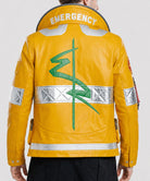 Back view of the Cyberpunk Edgerunners David Martinez Yellow Jacket showcasing the anime-accurate design and premium leather construction.