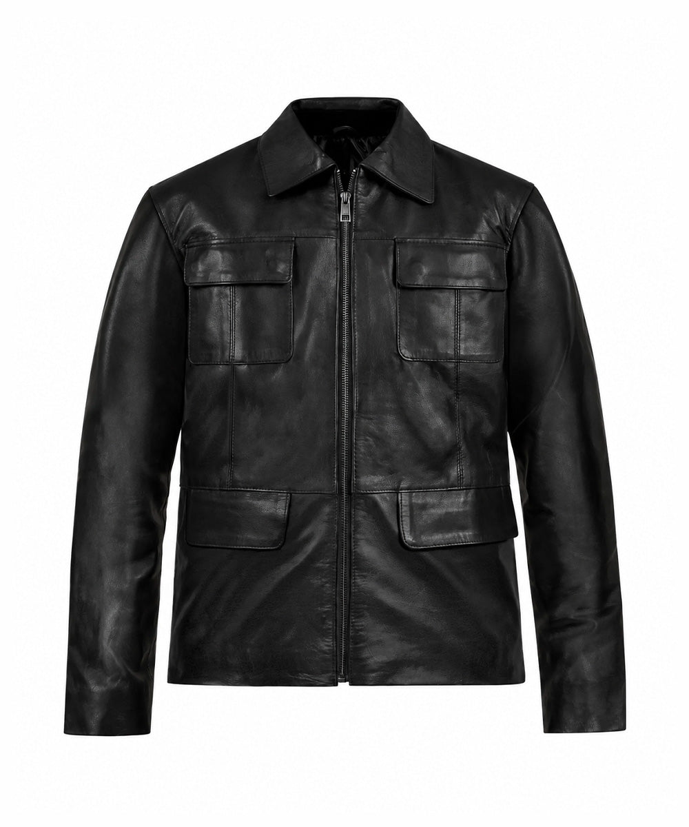 A black leather jacket with a full front zipper, a pointed collar, and four front flap pockets, shown against a plain white background.