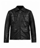 A black leather jacket with a full front zipper, a pointed collar, and four front flap pockets, shown against a plain white background.