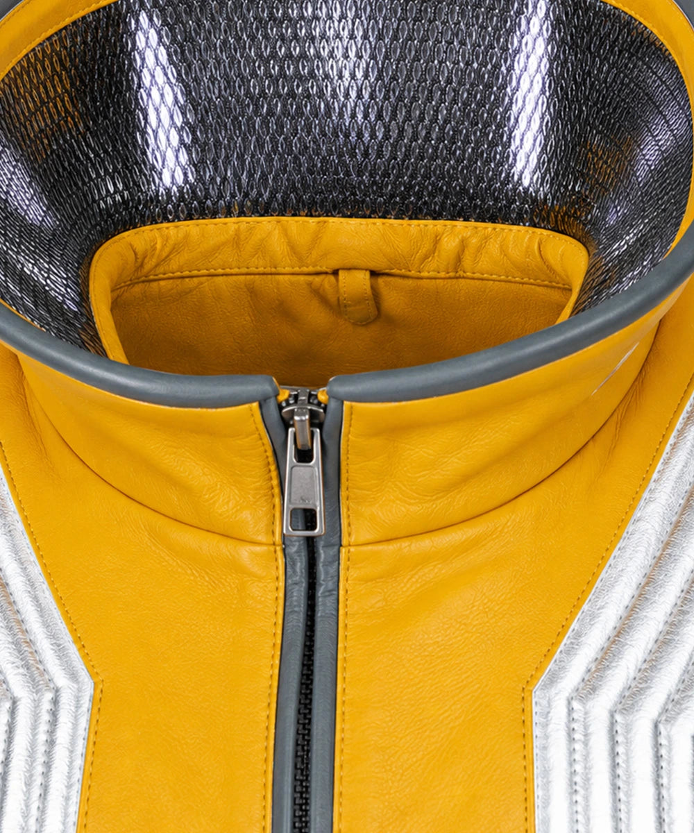 Close-up detail of the David Martinez cosplay leather jacket featuring rib-knit cuffs, premium zipper closure, viscose lining, and authentic Cyberpunk styling.