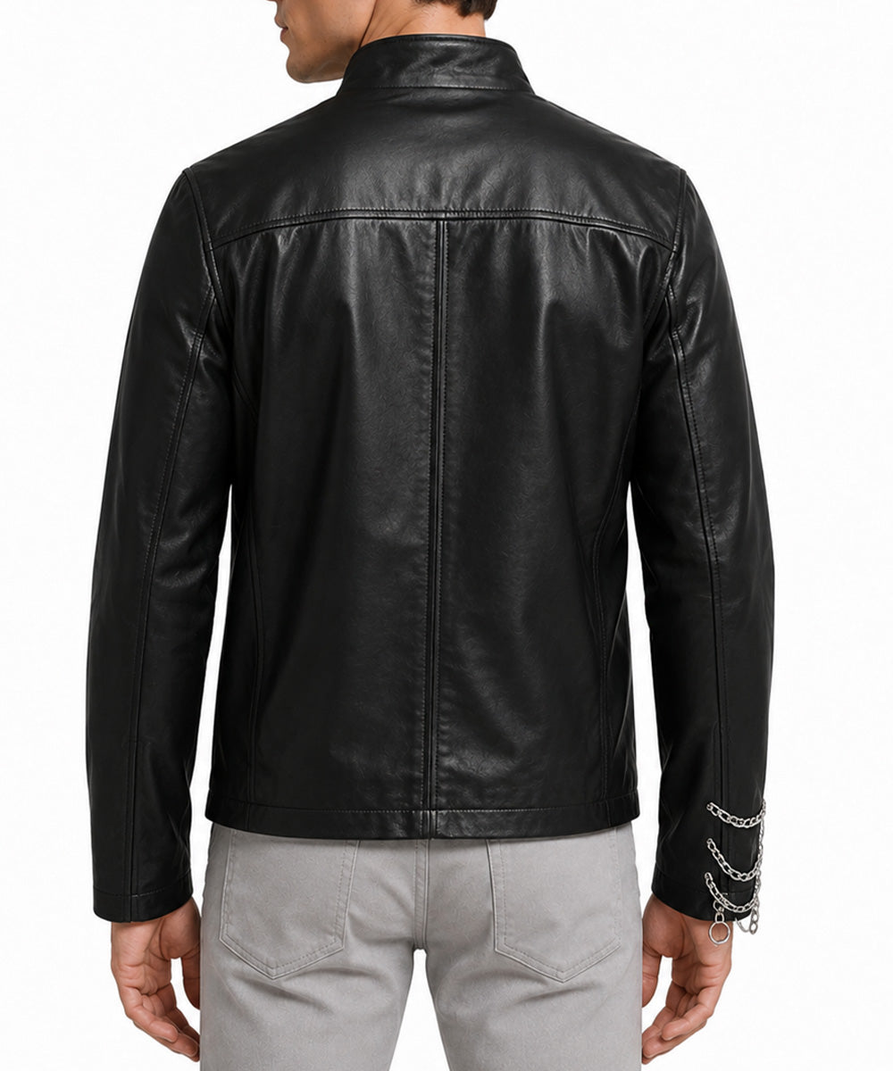 Back view of Eddie Munson inspired black leather jacket