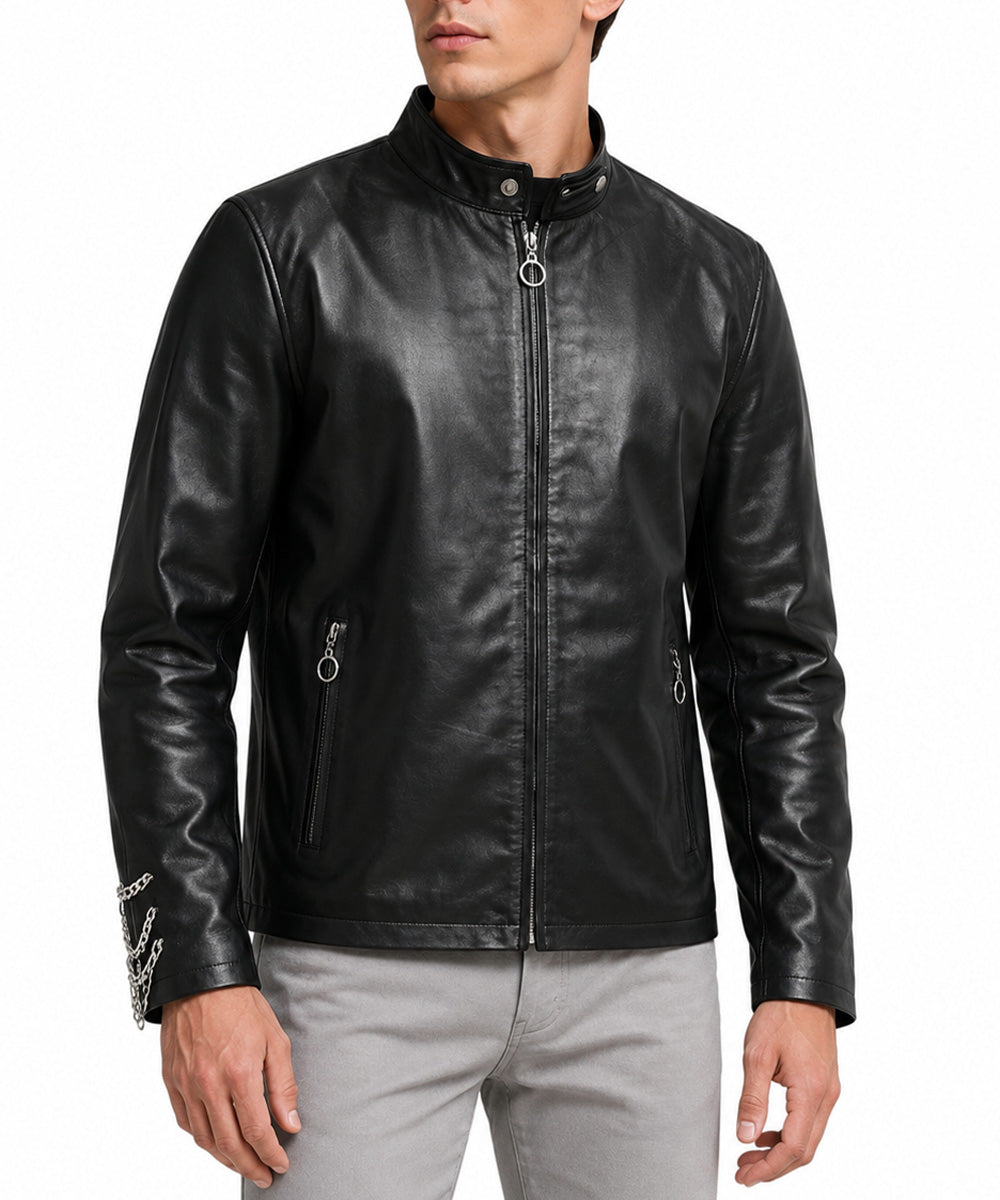 Side view of black leather jacket with snap-tab collar and zip closure
