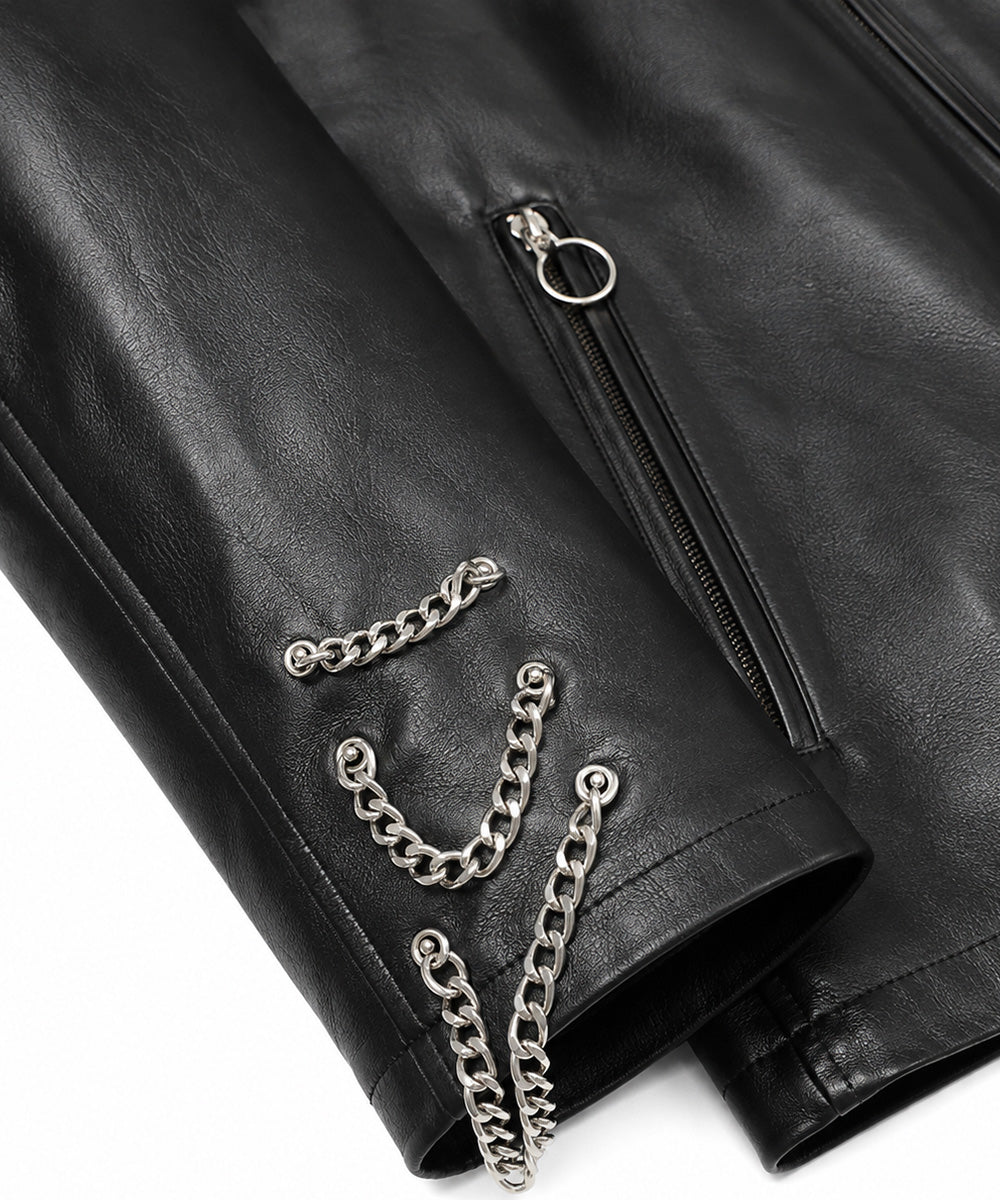 Black leather jacket with adjustable zipper cuffs and long sleeves