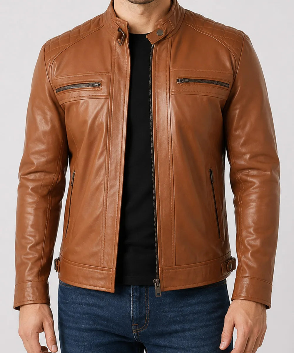 Camel cafe racer jacket with lapel collar