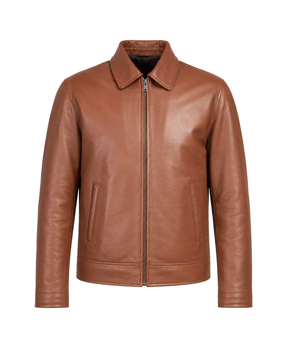 A brown leather jacket with a full front zipper, pointed collar, and two vertical zippered hand pockets, shown on a plain white background.