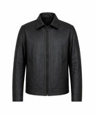 A black leather jacket with a full front zipper, pointed collar, and side pockets, shown against a plain white background.