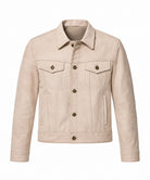 A light beige suede or faux-suede jacket with a pointed collar, button-up front, and two buttoned chest flap pockets, shown on a plain white background.
