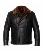 Men’s black sheepskin leather aviator jacket with brown fur collar, front view