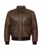 Men's brown A-2 leather flight jacket with a vintage distressed finish