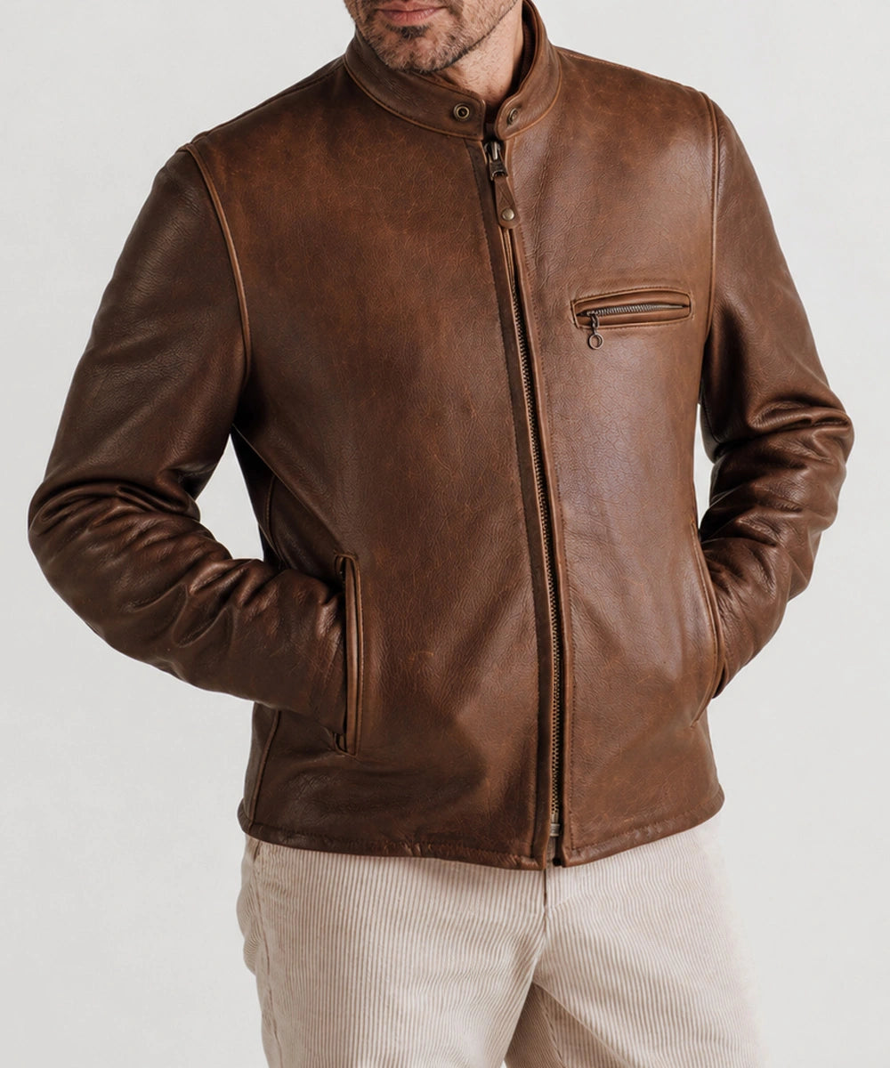Men's brown cafe racer leather jacket styled for everyday wear and motorcycle riding