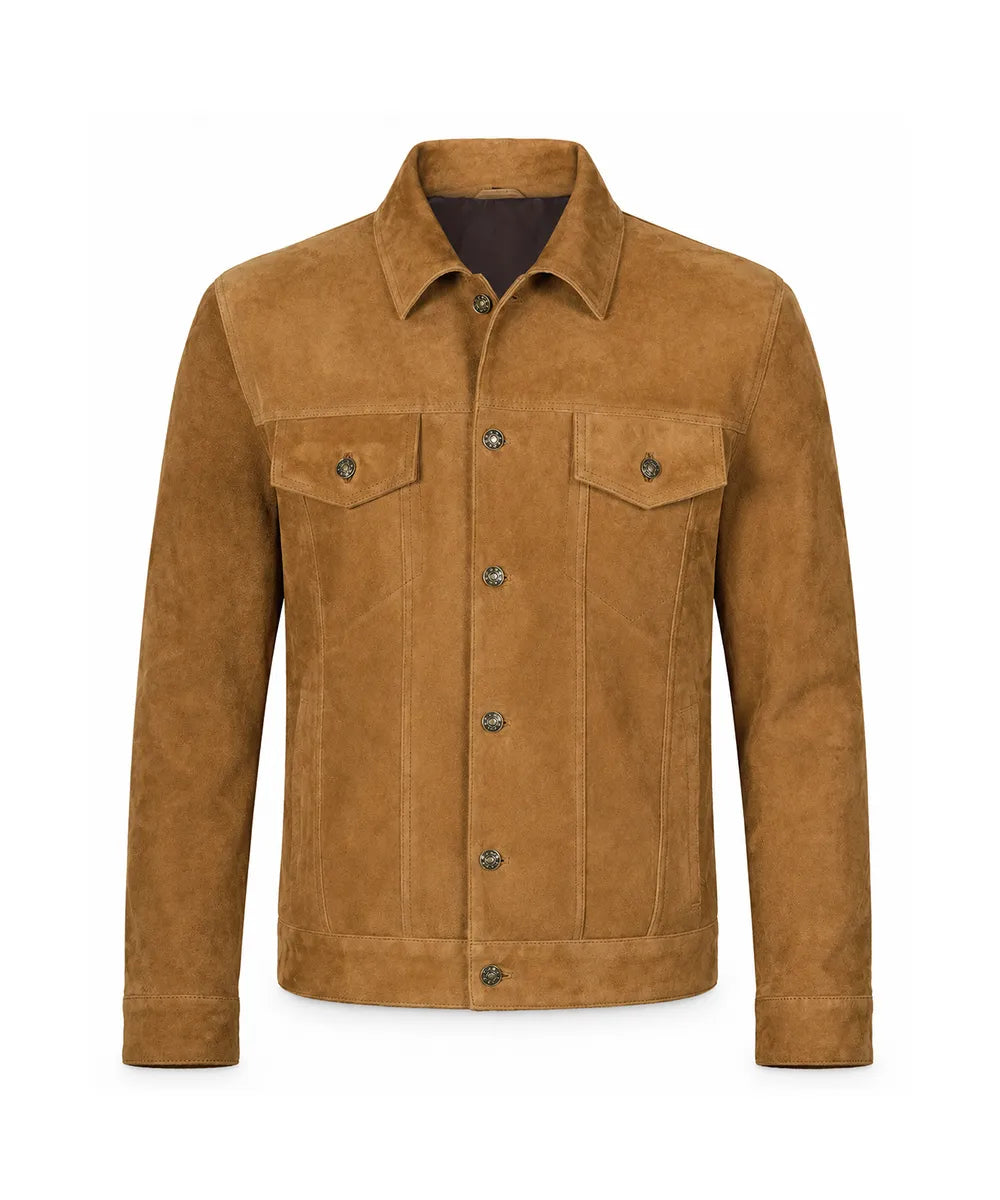 A tan suede jacket with a button-up front, two chest flap pockets, and a pointed collar, shown on a plain white background.
