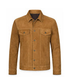 A tan suede jacket with a button-up front, two chest flap pockets, and a pointed collar, shown on a plain white background.