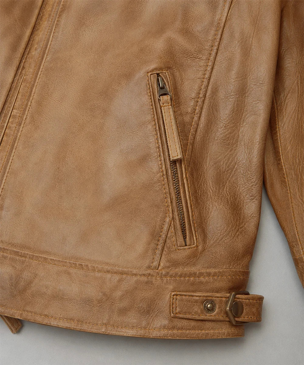 Man wearing Men's Camel Leather Jacket styled with casual outfit for vintage inspired streetwear fashion.