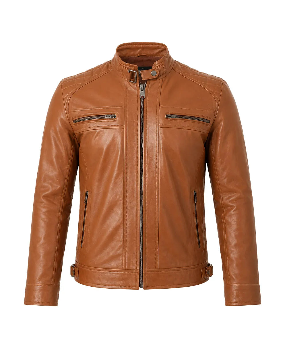 Men's camel cafe racer leather jacket front view