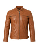 Men's camel cafe racer leather jacket front view