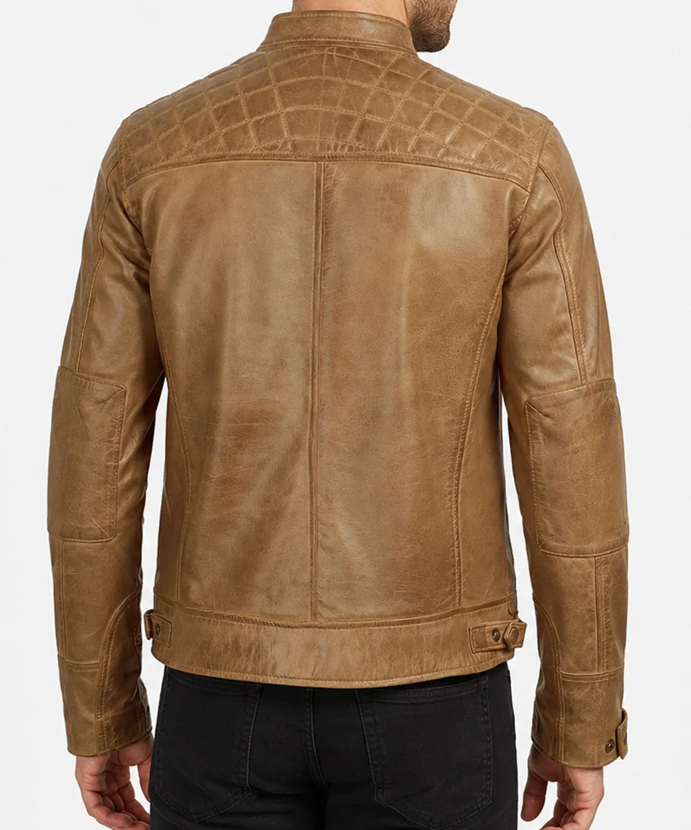 Back view of Men's Camel Leather Jacket showing rich brown leather finish, clean stitching, and classic outerwear design.