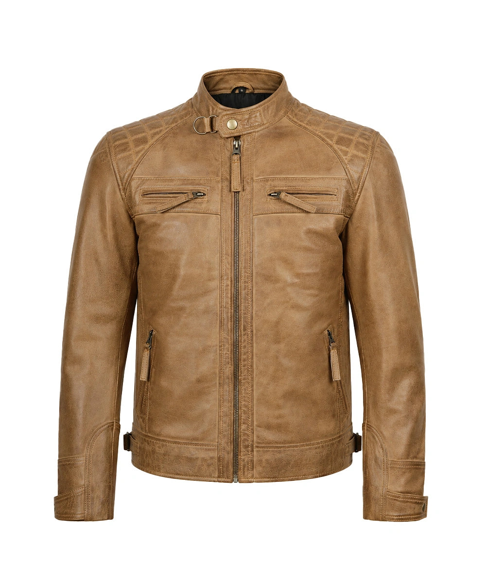 A tan leather motorcycle jacket with a stand collar, front zipper, and zippered chest pockets, shown on a plain white background.