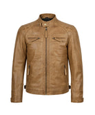 A tan leather motorcycle jacket with a stand collar, front zipper, and zippered chest pockets, shown on a plain white background.