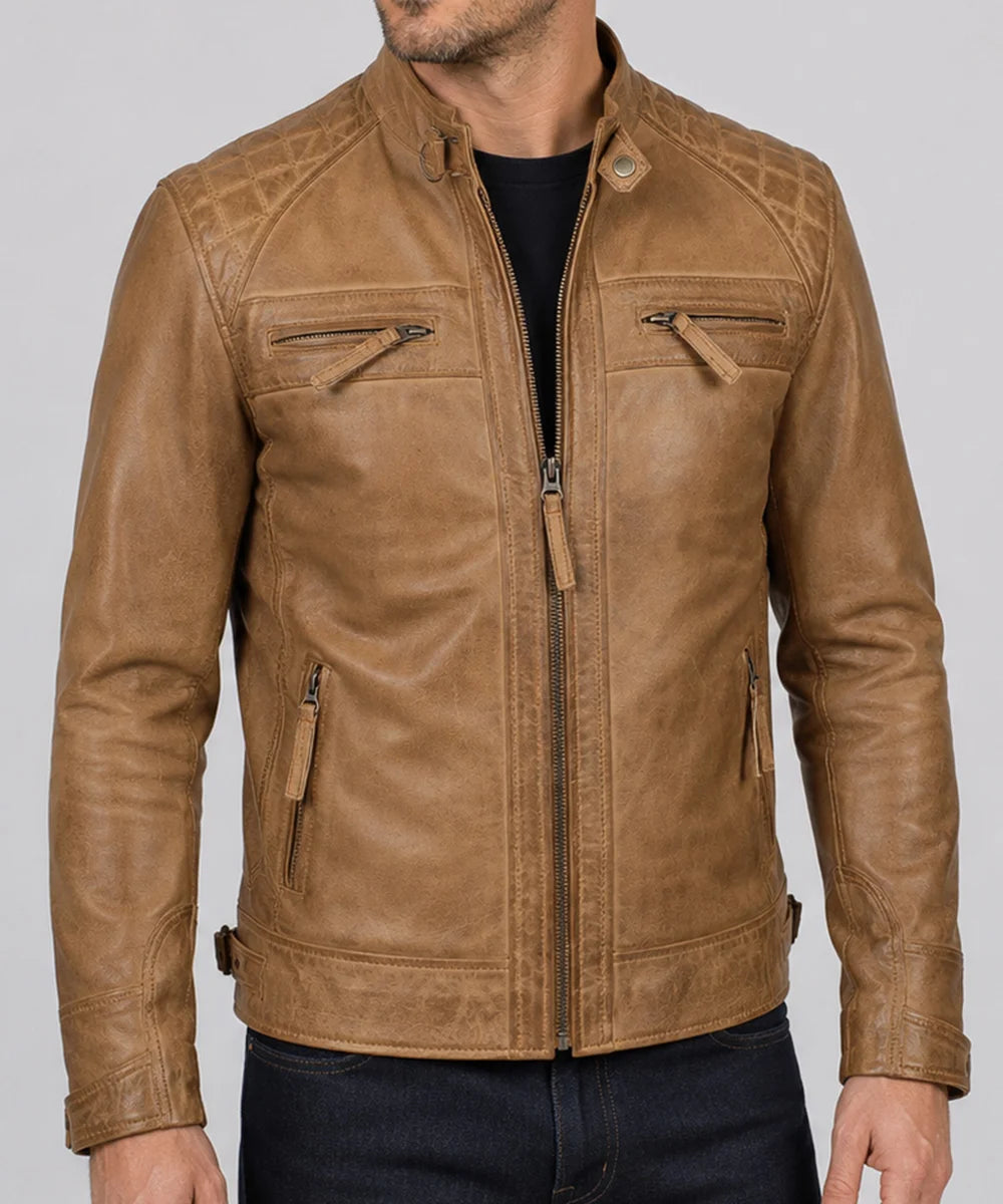Side profile of Men's Camel Leather Jacket with structured collar, zipper closure, and comfortable leather construction.
