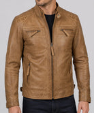 Side profile of Men's Camel Leather Jacket with structured collar, zipper closure, and comfortable leather construction.