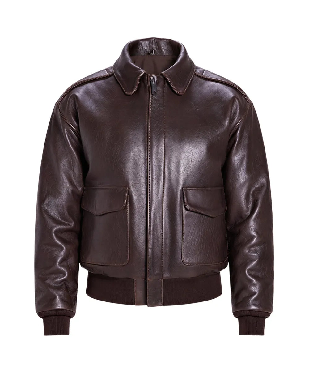 Men's Leather Flight Jacket in classic A-2 style made from genuine cowhide leather with a vintage dark brown finish and rib-knit cuffs