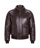 Men's Leather Flight Jacket in classic A-2 style made from genuine cowhide leather with a vintage dark brown finish and rib-knit cuffs