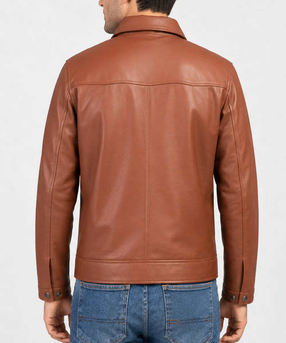 Back view of a men's leather Harrington jacket featuring premium genuine lambskin leather and a clean classic design.