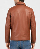 Back view of a men's leather Harrington jacket featuring premium genuine lambskin leather and a clean classic design.