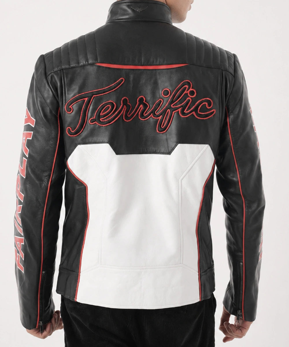 Men's Mr Terrific Jacket back view showing black leather finish, structured design, and clean premium stitching details.