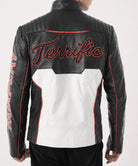 Men's Mr Terrific Jacket back view showing black leather finish, structured design, and clean premium stitching details.