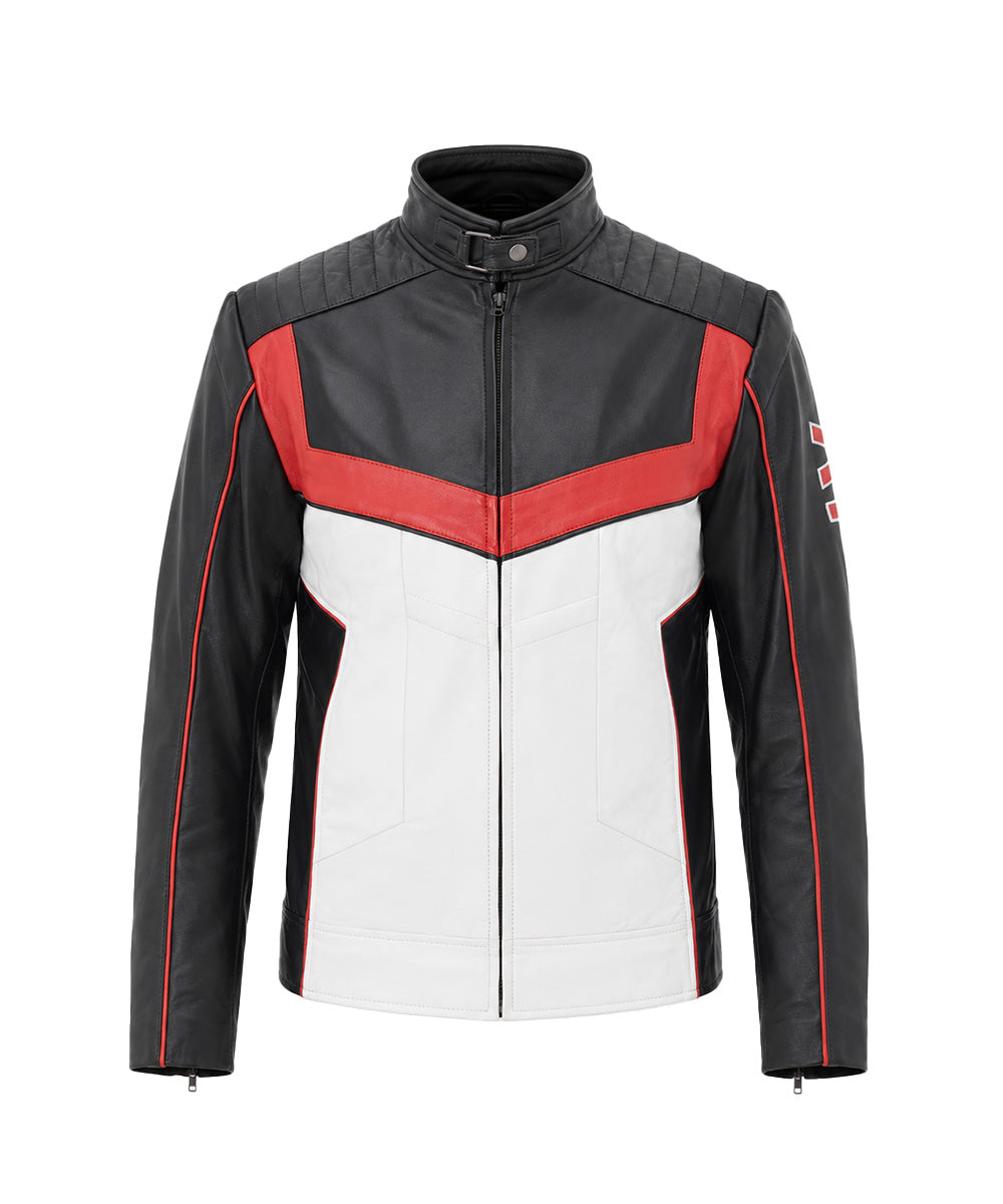 A black leather motorcycle jacket with a white front panel and red geometric accents, featuring a high collar and full zipper closure, shown on a plain white background.