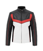 A black leather motorcycle jacket with a white front panel and red geometric accents, featuring a high collar and full zipper closure, shown on a plain white background.