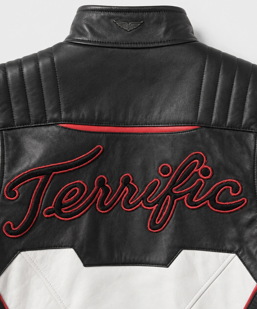 Close-up of Mr Terrific Jacket showing Fair Play inspired details, leather texture, zipper closure, and quality craftsmanship.