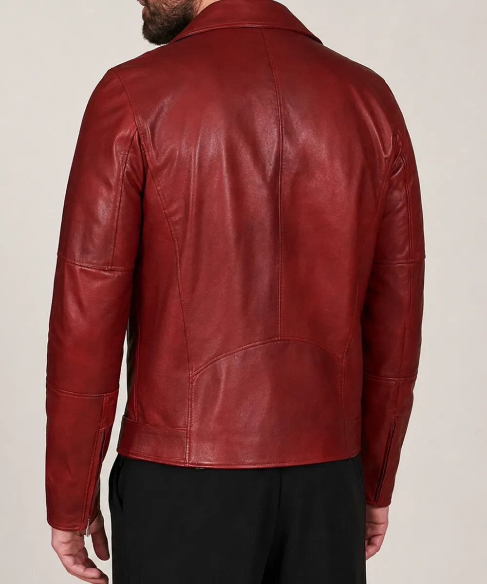 Men’s red leather biker jacket showing front zip pockets and sleeve zippers