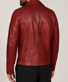 Men’s red leather biker jacket showing front zip pockets and sleeve zippers