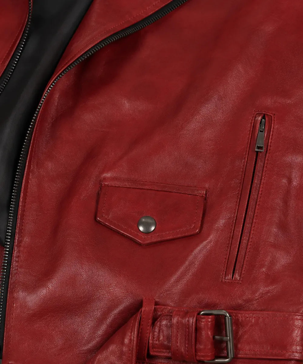 Men’s red leather biker jacket with cross-zip closure and studded collar