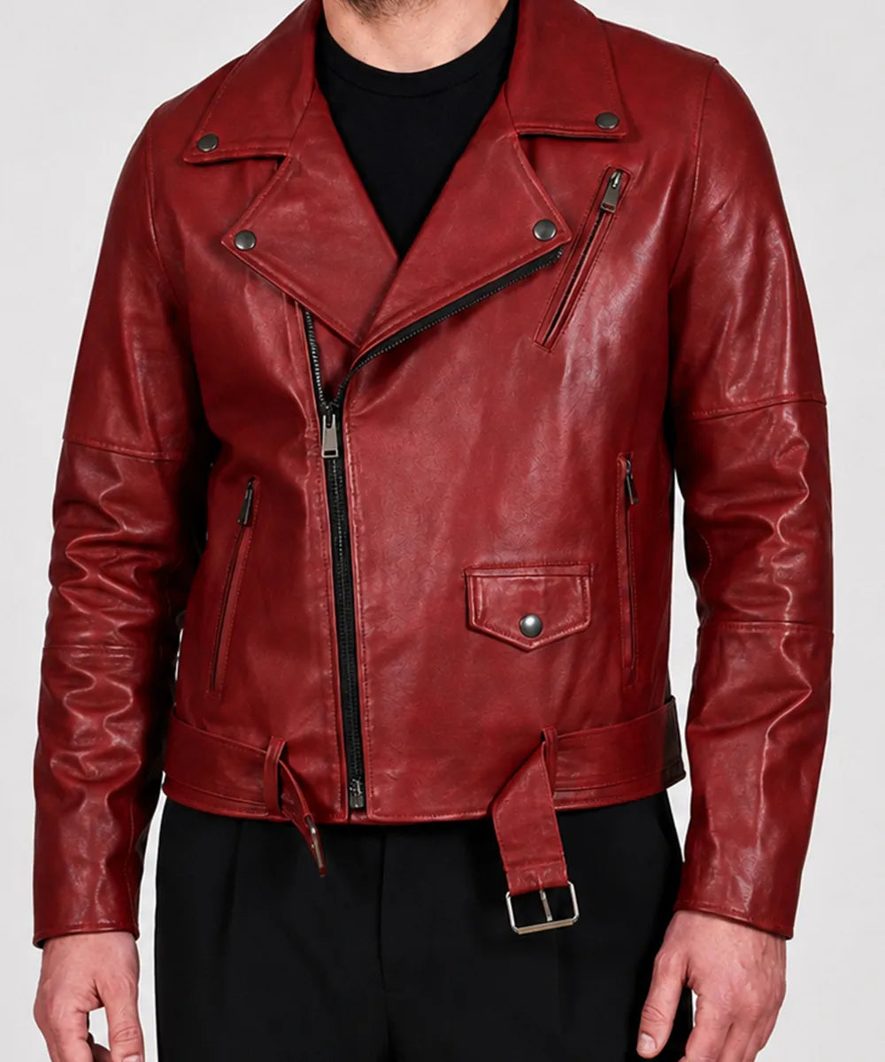 Men’s red leather biker jacket side view with slim fit