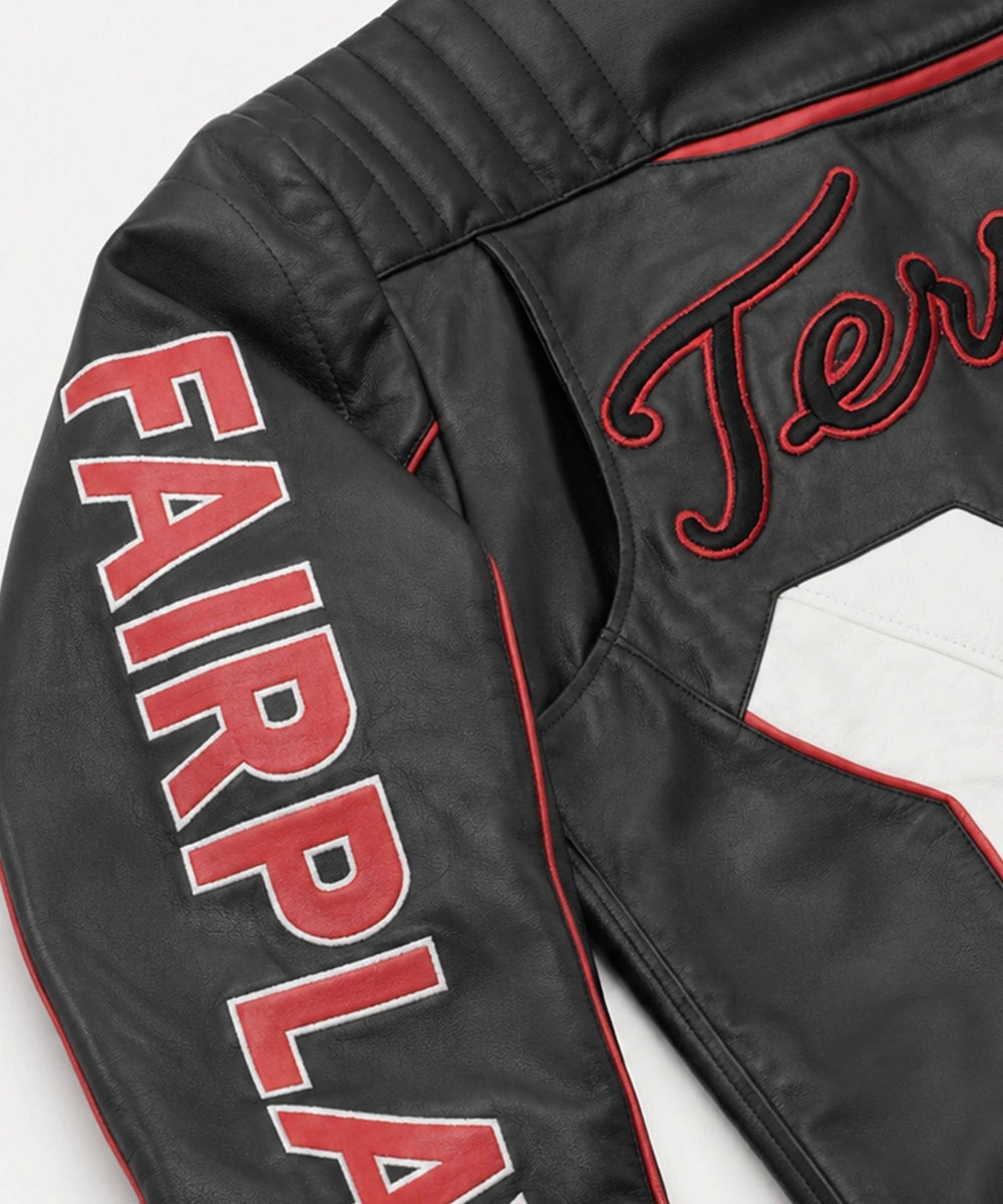 Man wearing Men's Mr Terrific Jacket styled as premium black leather outerwear for casual streetwear and fan-inspired fashion.