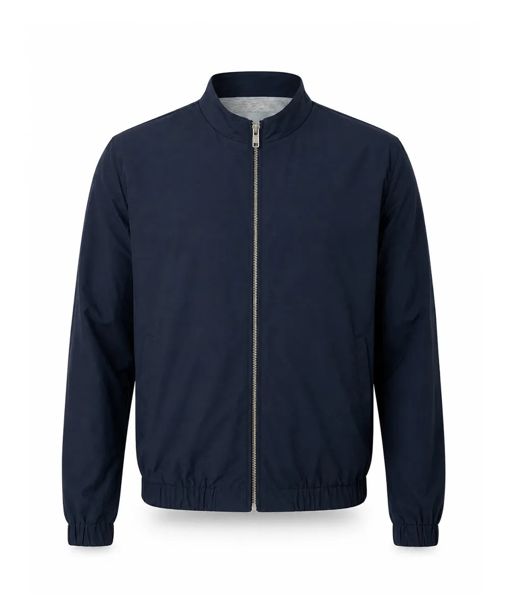 A navy blue zip-up jacket with a stand-up collar, elasticized cuffs and hem, and a silver zipper, shown against a plain white background.