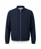 A navy blue zip-up jacket with a stand-up collar, elasticized cuffs and hem, and a silver zipper, shown against a plain white background.