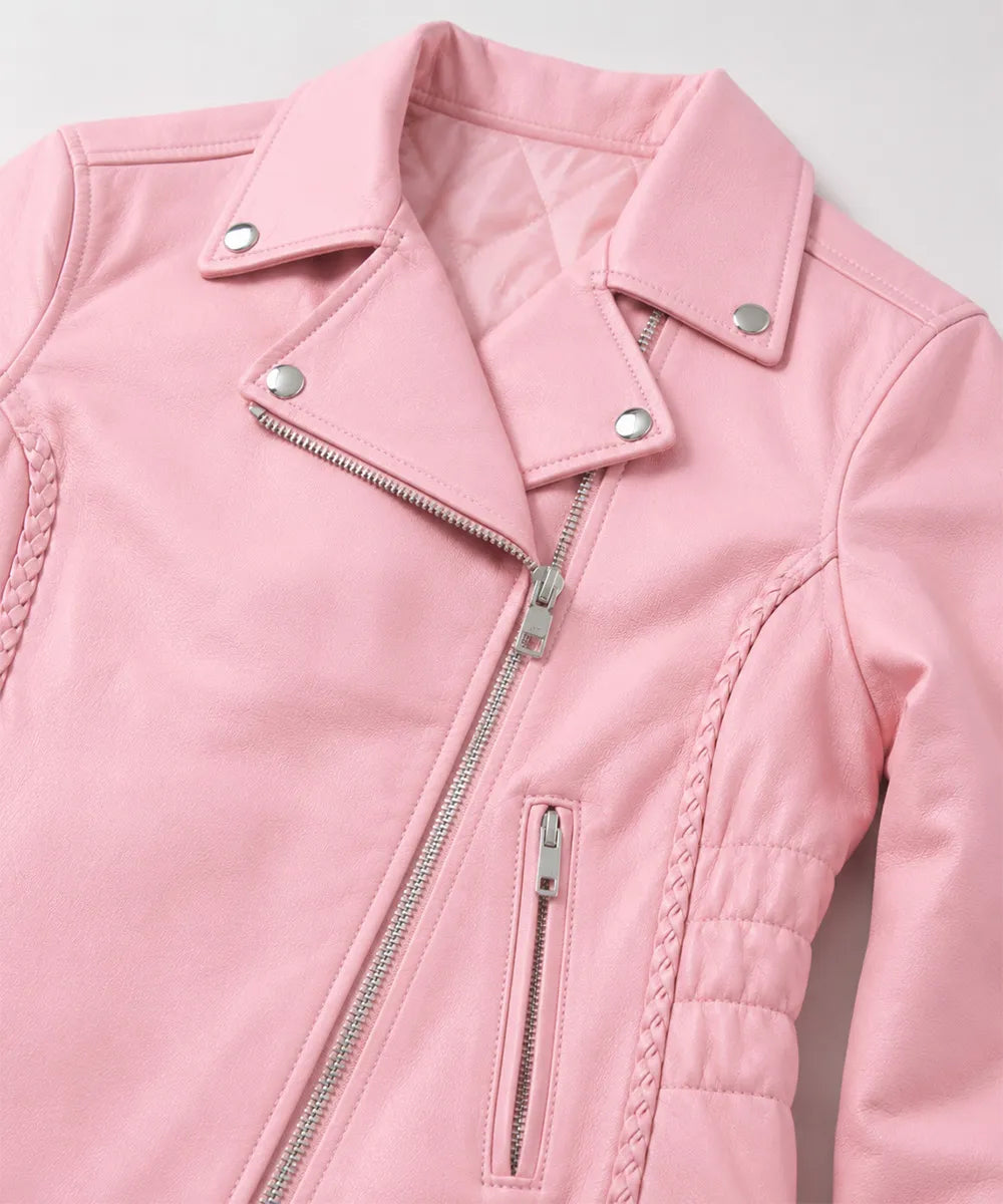 Side view of a women's pink leather biker jacket with stretch side panels, premium leather construction, and a comfortable motorcycle riding fit