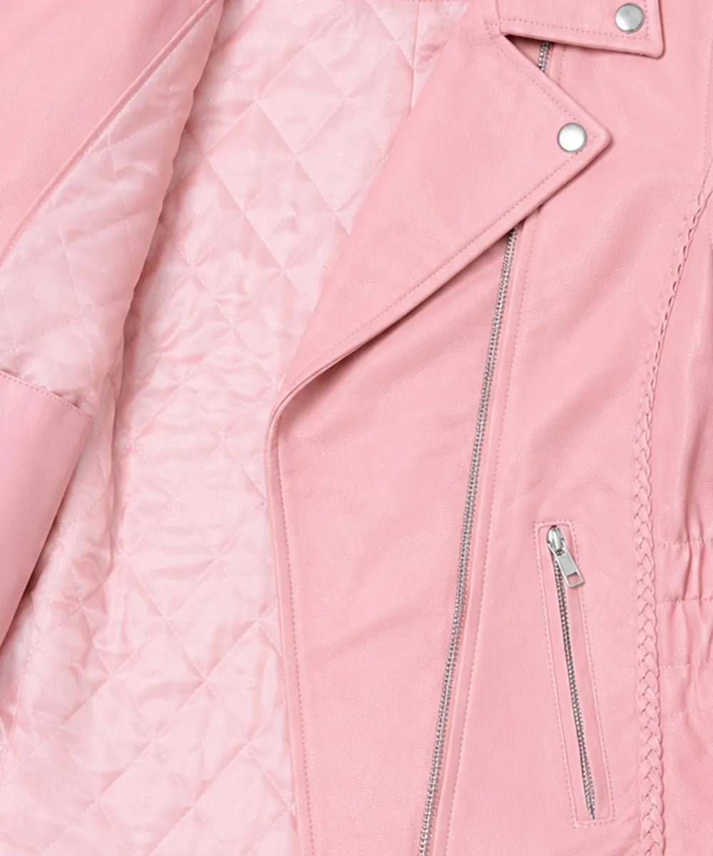 Women's pink leather jacket showing the interior pocket and removable zip-out liner for convenient storage and everyday riding comfort.