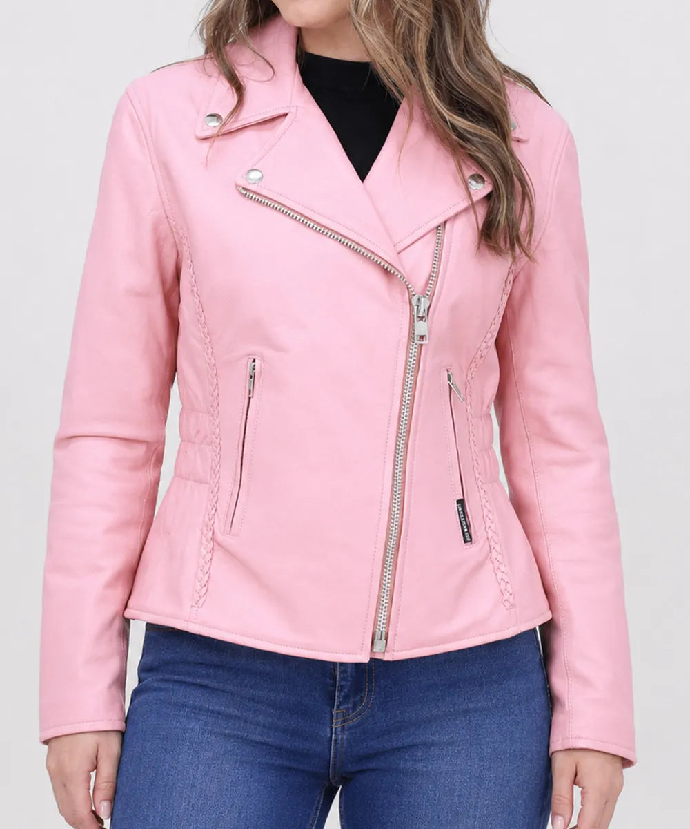 Three-quarter front view of a women's pink motorcycle leather jacket with silver hardware, YKK zippers, and a classic moto style.
